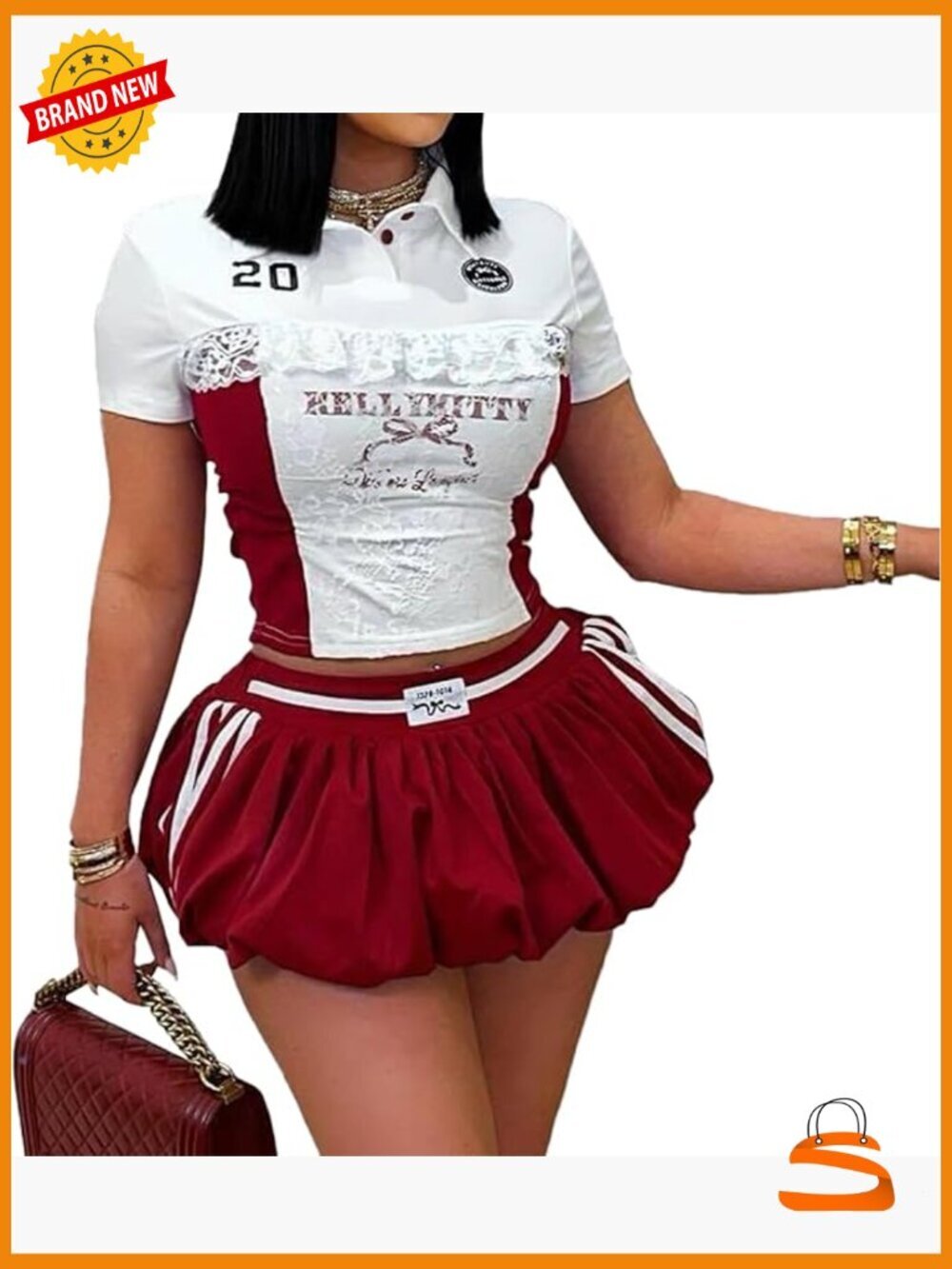 Two Piece Skirt Set Lace Trim Crop Top Pleated Bubble Mini Skort